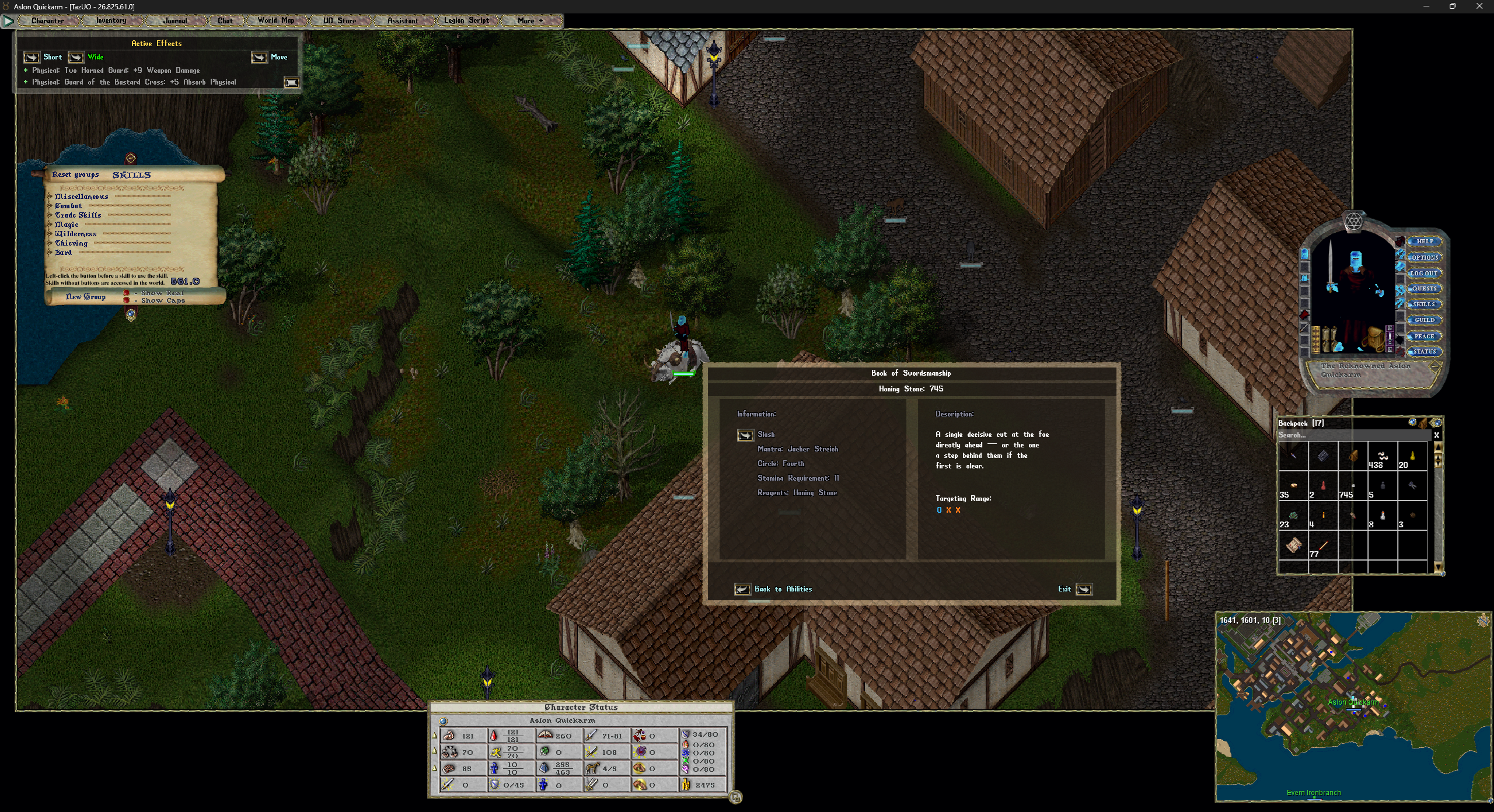 The Book of Swordsmanship weapon-ability menu open in-game on the Solgrad Ultima Online co-op PvE server