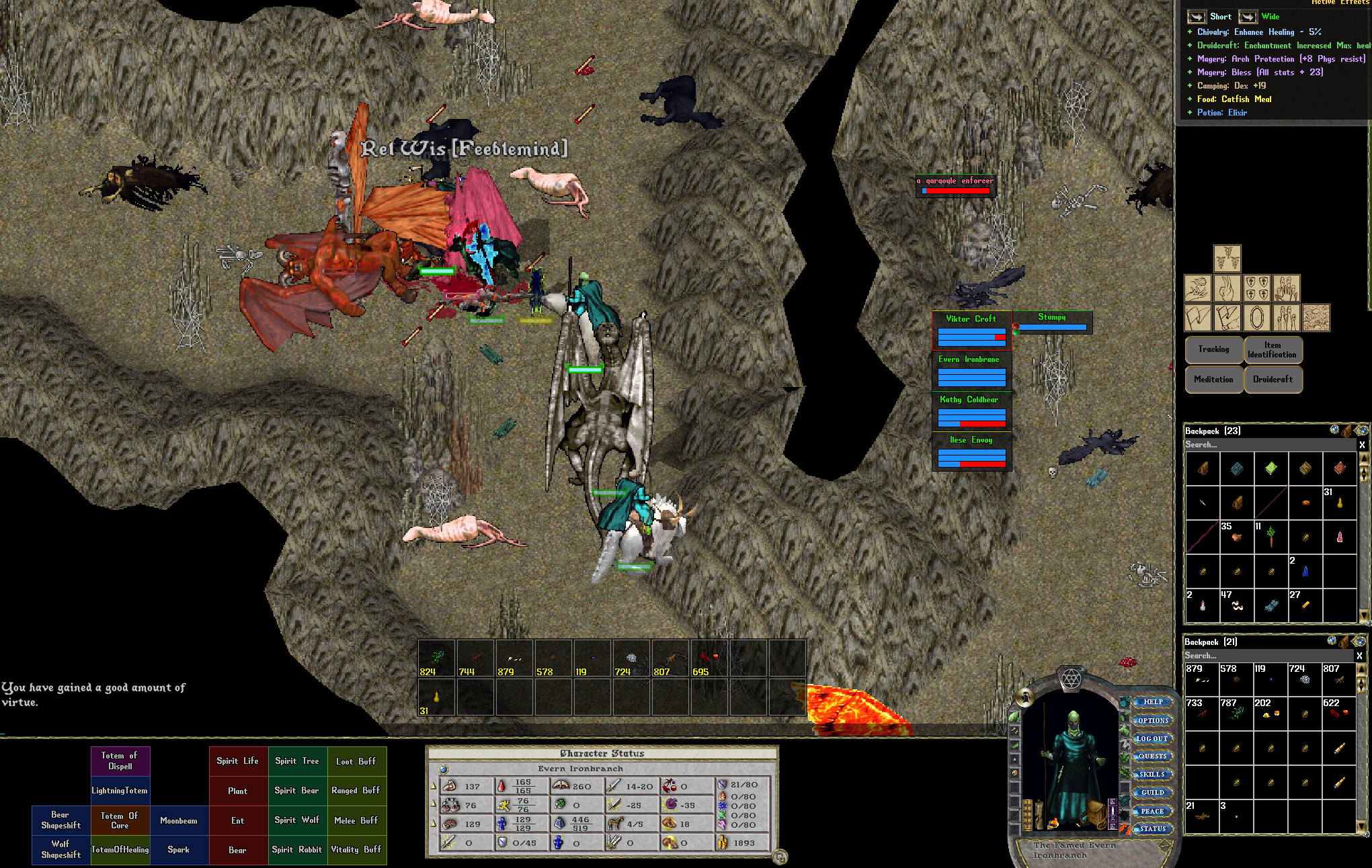 A four-player co-op party clearing the Covetous dungeon with a druid healer's spirit totems on the Solgrad Ultima Online PvE server